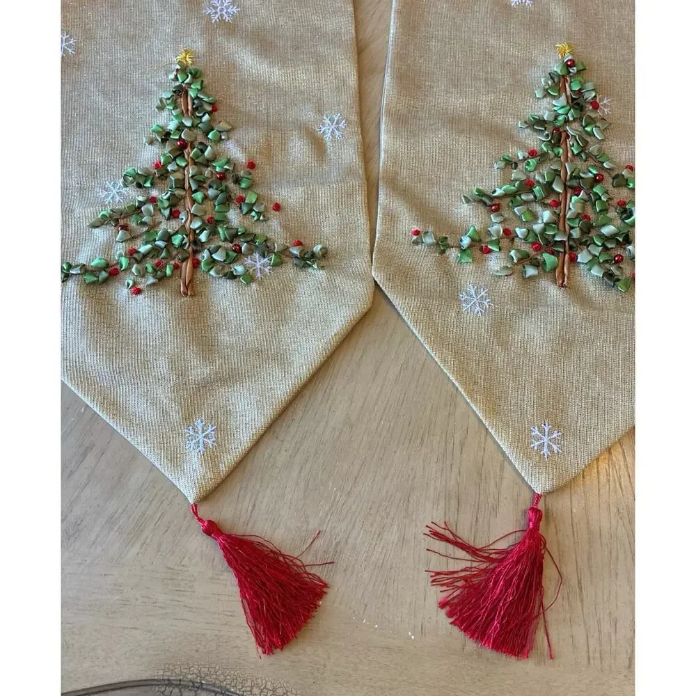 Christmas Table Runner Gold Sparkle Ribbon Embroidered Tree Tassels XMAS 72 X 13